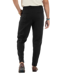 Pantaloni uomo lino sartoriale pinces tasche america elastico nero GIOSAL-P6322A