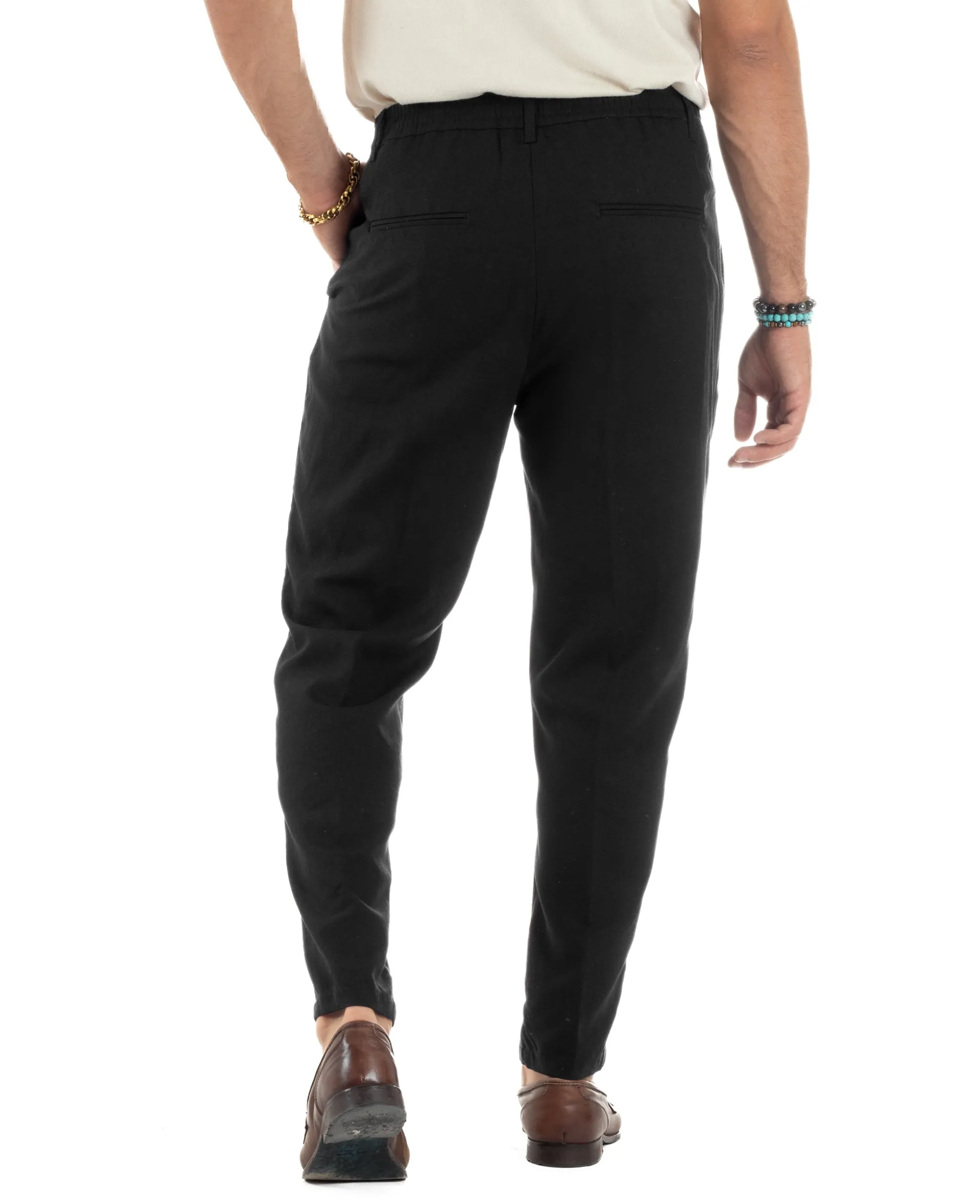 Pantaloni uomo lino sartoriale pinces tasche america elastico nero GIOSAL-P6322A