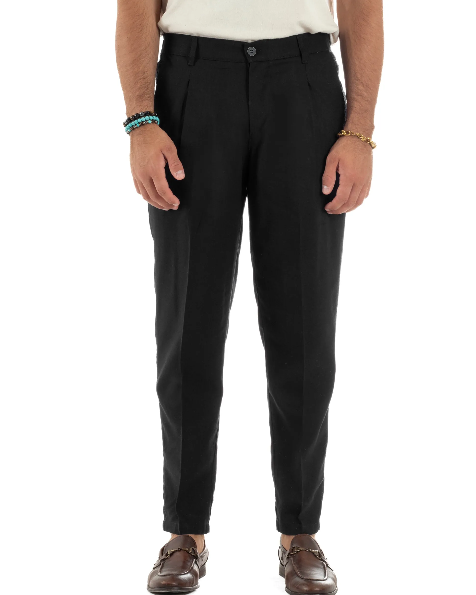 Pantaloni uomo lino sartoriale pinces tasche america elastico nero GIOSAL-P6322A