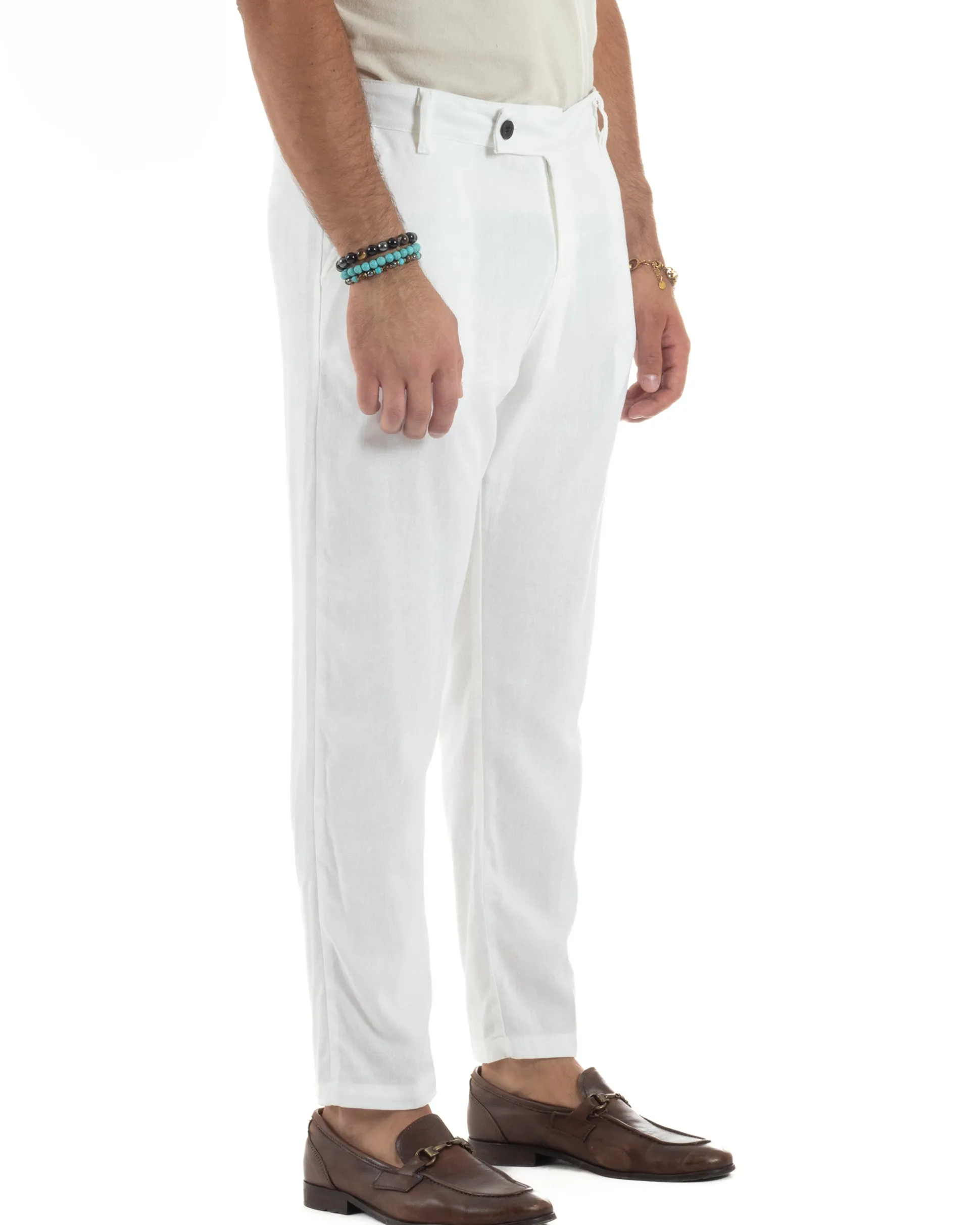 Pantaloni uomo lino sartoriale abbottonatura allungata bianco P6329A