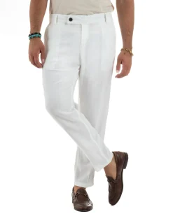 Pantaloni uomo lino sartoriale abbottonatura allungata bianco P6329A