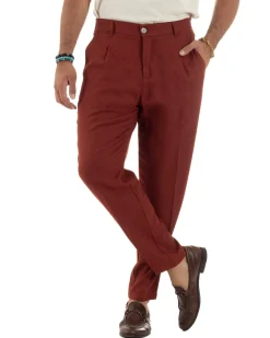 Pantaloni uomo lino sartoriale pinces tasche america elastico mattone GIOSAL-P6324A