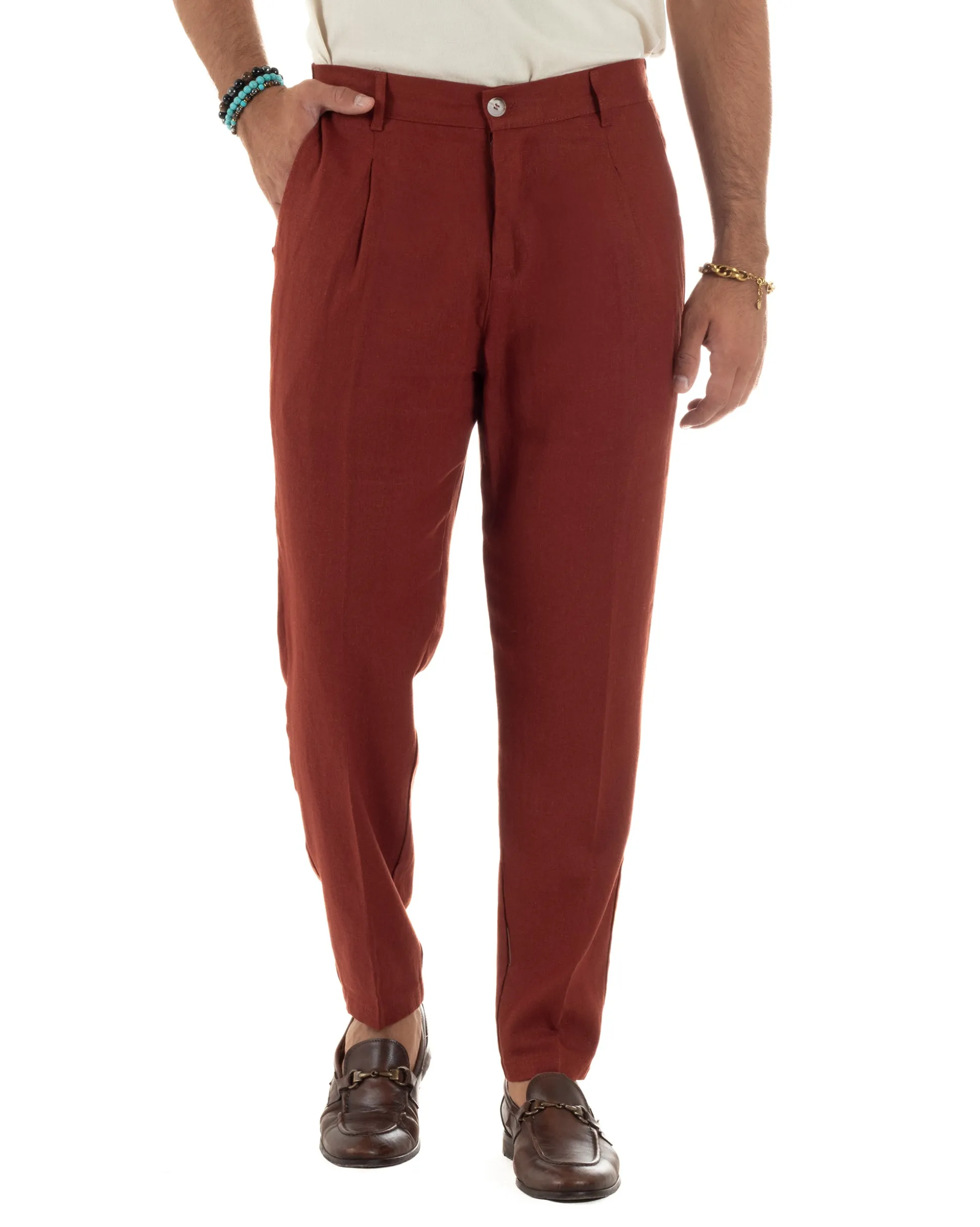 Pantaloni uomo lino sartoriale pinces tasche america elastico mattone GIOSAL-P6324A