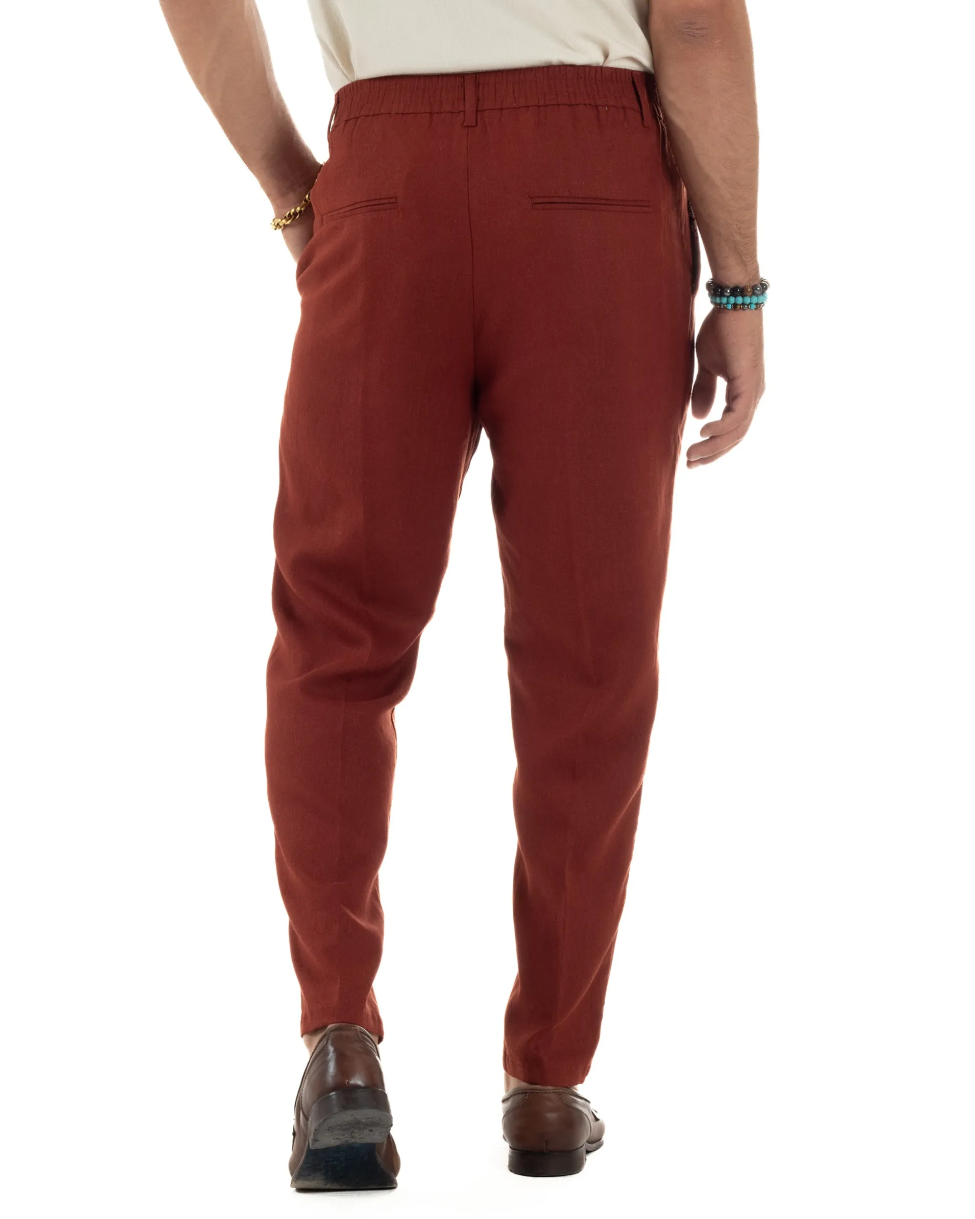 Pantaloni uomo lino sartoriale pinces tasche america elastico mattone GIOSAL-P6324A
