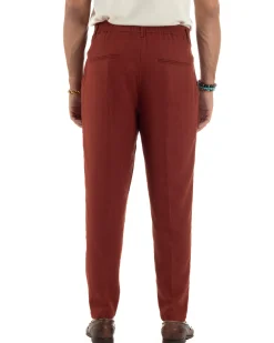 Pantaloni uomo lino sartoriale pinces tasche america elastico mattone GIOSAL-P6324A