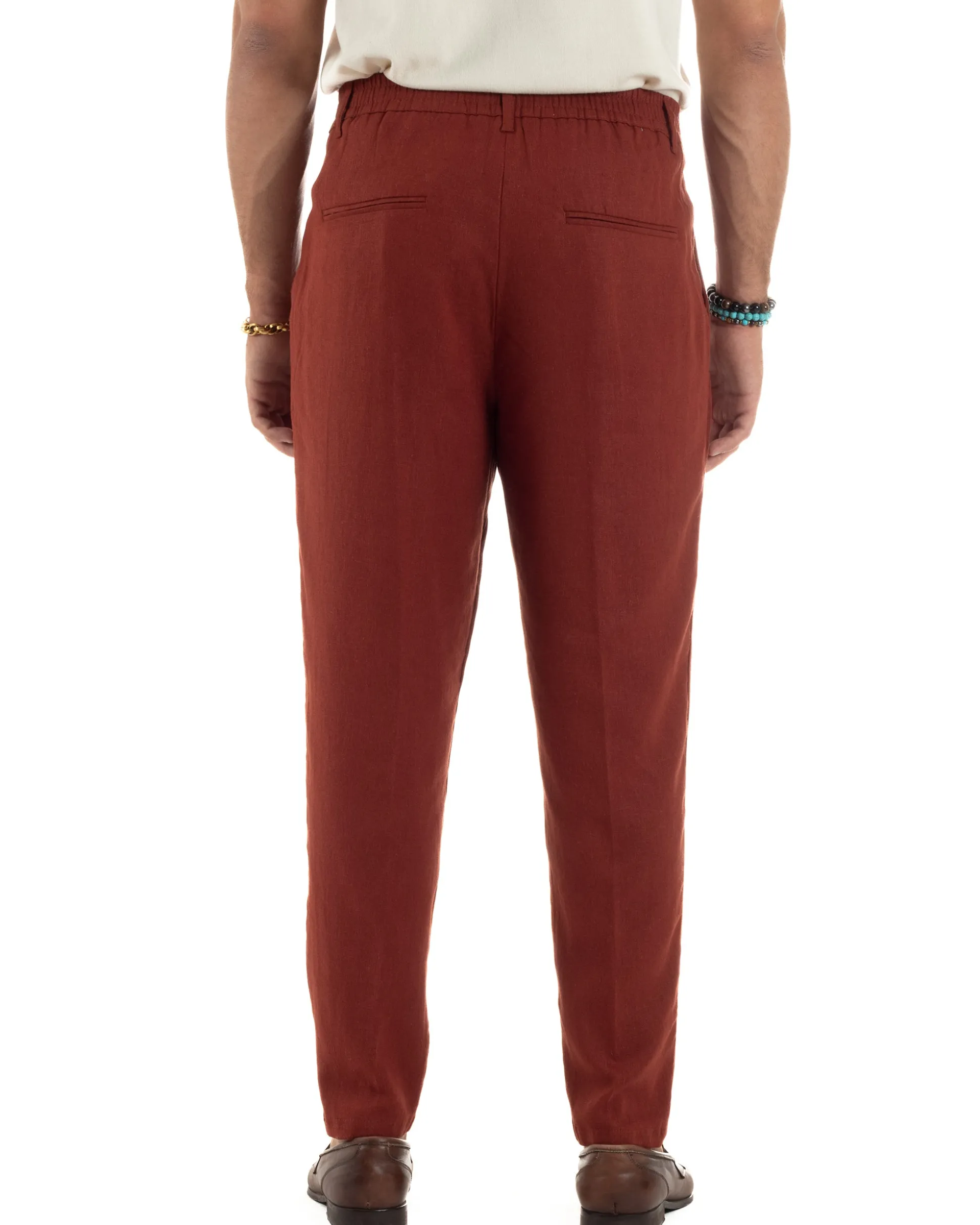 Pantaloni uomo lino sartoriale pinces tasche america elastico mattone GIOSAL-P6324A
