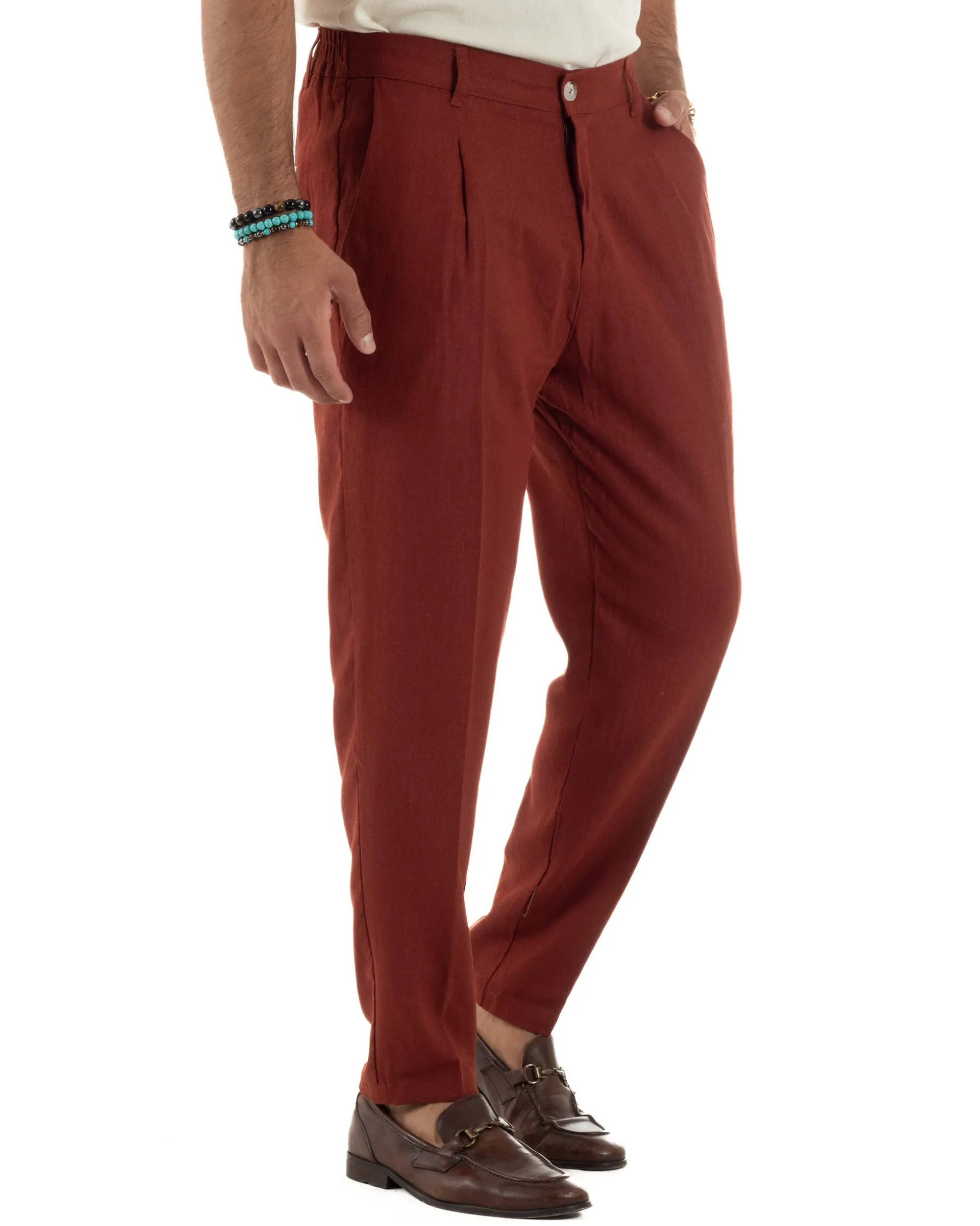 Pantaloni uomo lino sartoriale pinces tasche america elastico mattone GIOSAL-P6324A