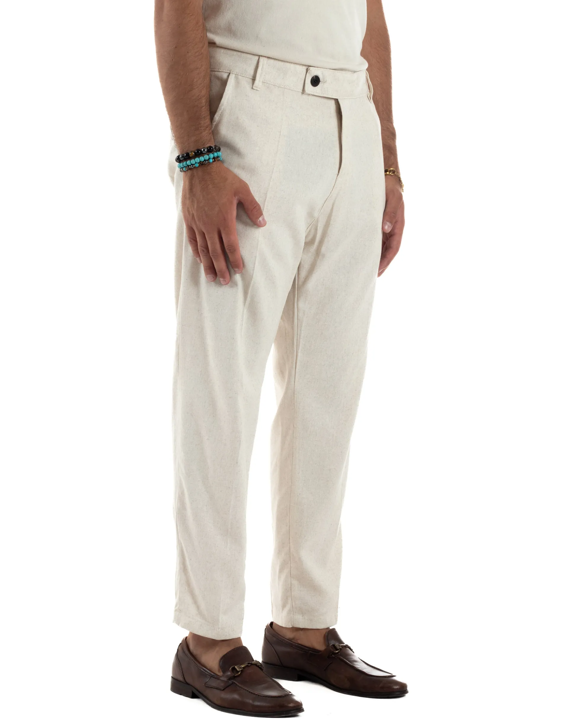 Pantaloni uomo lino sartoriale abbottonatura allungata beige P6327A