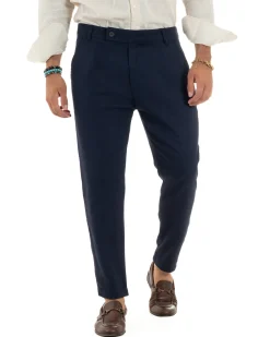 Pantaloni uomo lino sartoriale abbottonatura allungata blu P6326A