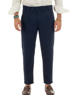 Pantaloni uomo lino sartoriale abbottonatura allungata blu P6326A