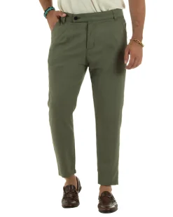 Pantaloni uomo lino sartoriale abbottonatura allungata verde militare P6330A