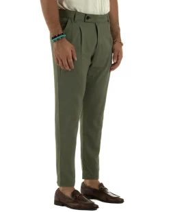Pantaloni uomo lino sartoriale abbottonatura allungata verde militare P6330A