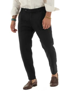 Pantaloni uomo lino sartoriale abbottonatura allungata nero P6328A
