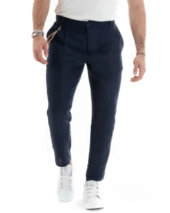 Pantaloni Uomo Lino Tasche America Pinces Classico Sartoriale Blu GIOSAL-P5790A
