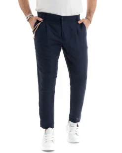 Pantaloni Uomo Lino Tasche America Pinces Classico Sartoriale Blu GIOSAL-P5790A