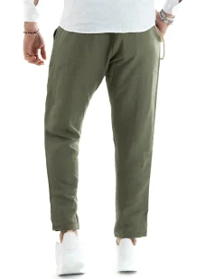Pantaloni Uomo Lino Tasche America Pinces Classico Sartoriale Verde Militare GIOSAL-P5789A