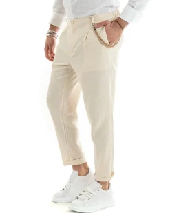 Pantaloni Uomo Lino Tasche America Pinces Classico Sartoriale Beige GIOSAL-P5788A
