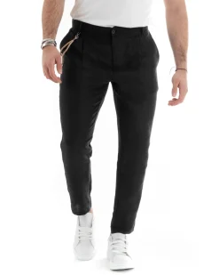 Pantaloni Uomo Lino Tasche America Pinces Classico Sartoriale Nero GIOSAL-P5791A