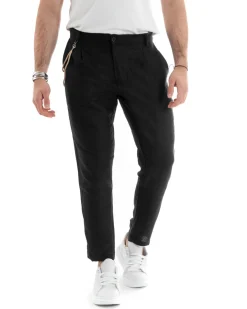 Pantaloni Uomo Lino Tasche America Pinces Classico Sartoriale Nero GIOSAL-P5791A