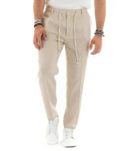 Pantaloni uomo lino tasche america elastico sul retro pinces laccio beige GIOSAL-P5836A