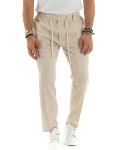 Pantaloni uomo lino tasche america elastico sul retro pinces laccio beige GIOSAL-P5836A