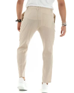 Pantaloni uomo lino tasche america elastico sul retro pinces laccio beige GIOSAL-P5836A