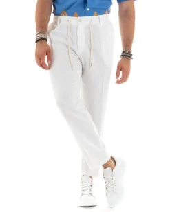 Pantaloni uomo lino tasche america elastico sul retro pinces laccio bianco GIOSAL-P5833A