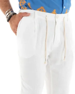 Pantaloni uomo lino tasche america elastico sul retro pinces laccio bianco GIOSAL-P5833A