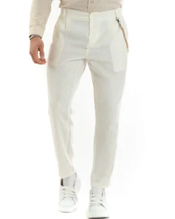 Pantaloni Uomo Lino Tasche America Pinces Classico Sartoriale Bianco GIOSAL-P5792A