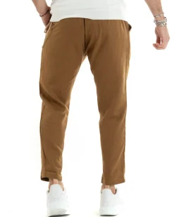 Pantaloni Uomo Lino Tasche America Pinces Classico Sartoriale Camel GIOSAL-P5794A