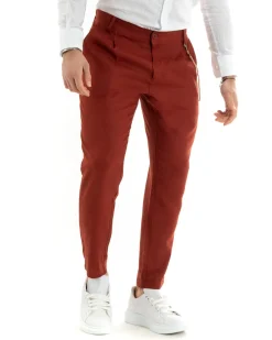 Pantaloni Uomo Lino Tasche America Pinces Classico Sartoriale Mattone GIOSAL-P5793A