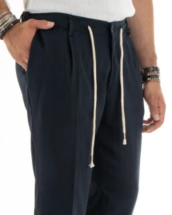 Pantaloni uomo lino tasche america elastico sul retro pinces laccio blu GIOSAL-P5837A