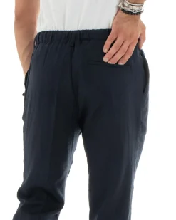 Pantaloni uomo lino tasche america elastico sul retro pinces laccio blu GIOSAL-P5837A