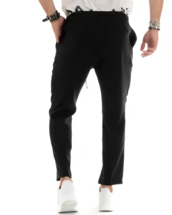 Pantaloni uomo lino tasche america elastico sul retro pinces laccio nero GIOSAL-P5832A