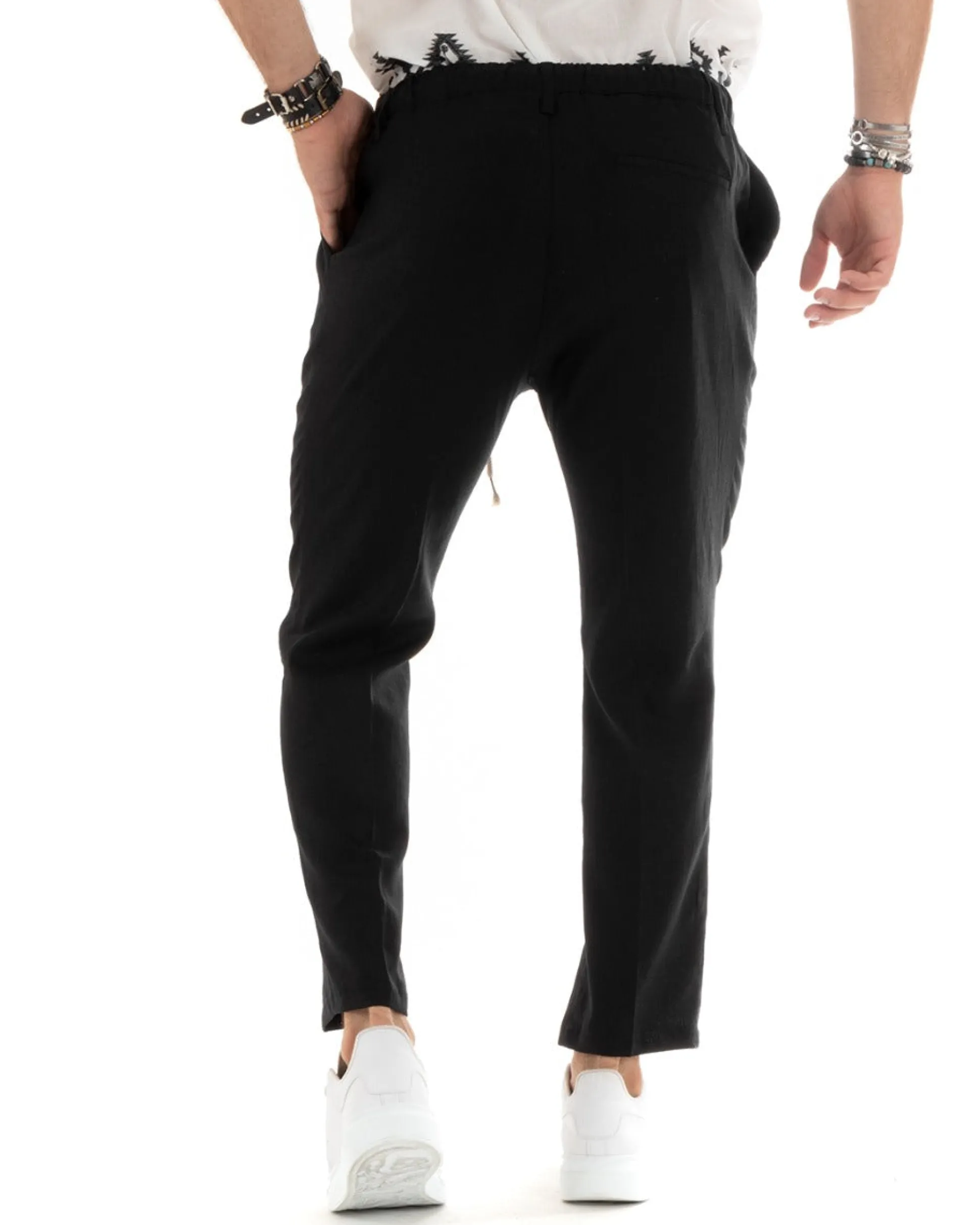 Pantaloni uomo lino tasche america elastico sul retro pinces laccio nero GIOSAL-P5832A
