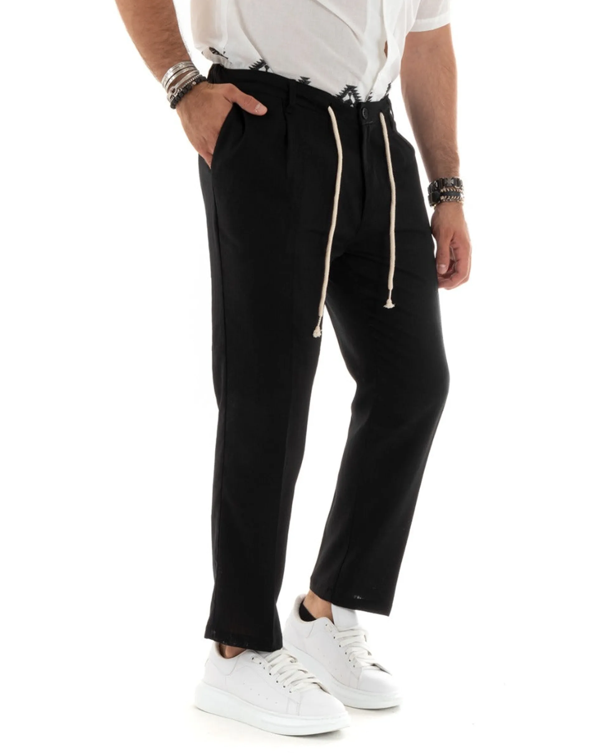 Pantaloni uomo lino tasche america elastico sul retro pinces laccio nero GIOSAL-P5832A