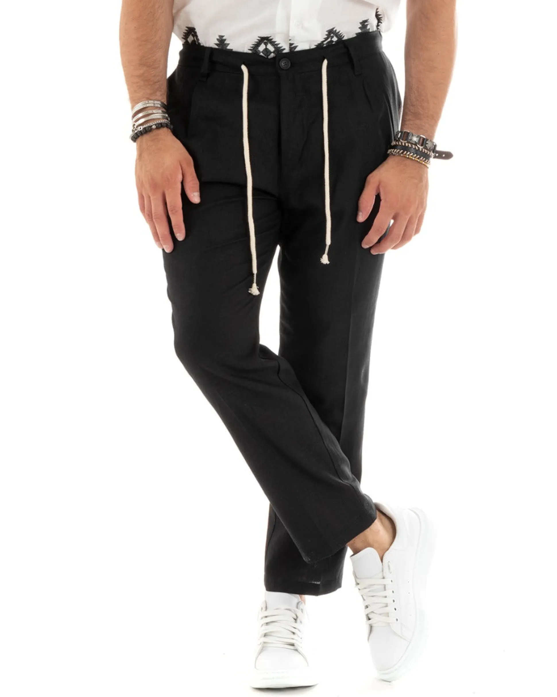 Pantaloni uomo lino tasche america elastico sul retro pinces laccio nero GIOSAL-P5832A