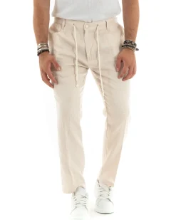 Pantaloni uomo lino tasche america elastico sul retro pinces laccio beige chiaro GIOSAL-P6113A