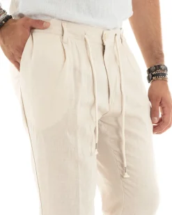 Pantaloni uomo lino tasche america elastico sul retro pinces laccio beige chiaro GIOSAL-P6113A
