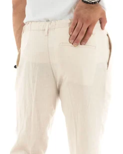 Pantaloni uomo lino tasche america elastico sul retro pinces laccio beige chiaro GIOSAL-P6113A
