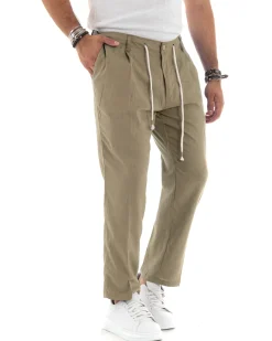 Pantaloni uomo lino tasche america elastico sul retro pinces laccio fango GIOSAL-P6103A
