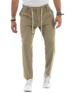 Pantaloni uomo lino tasche america elastico sul retro pinces laccio fango GIOSAL-P6103A