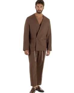Pantaloni uomo lino tasche america elastico sul retro pinces laccio marrone GIOSAL-P6498A