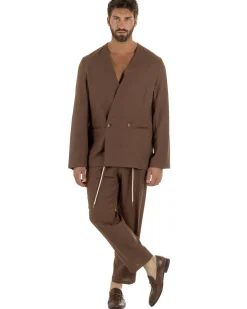 Pantaloni uomo lino tasche america elastico sul retro pinces laccio marrone GIOSAL-P6498A
