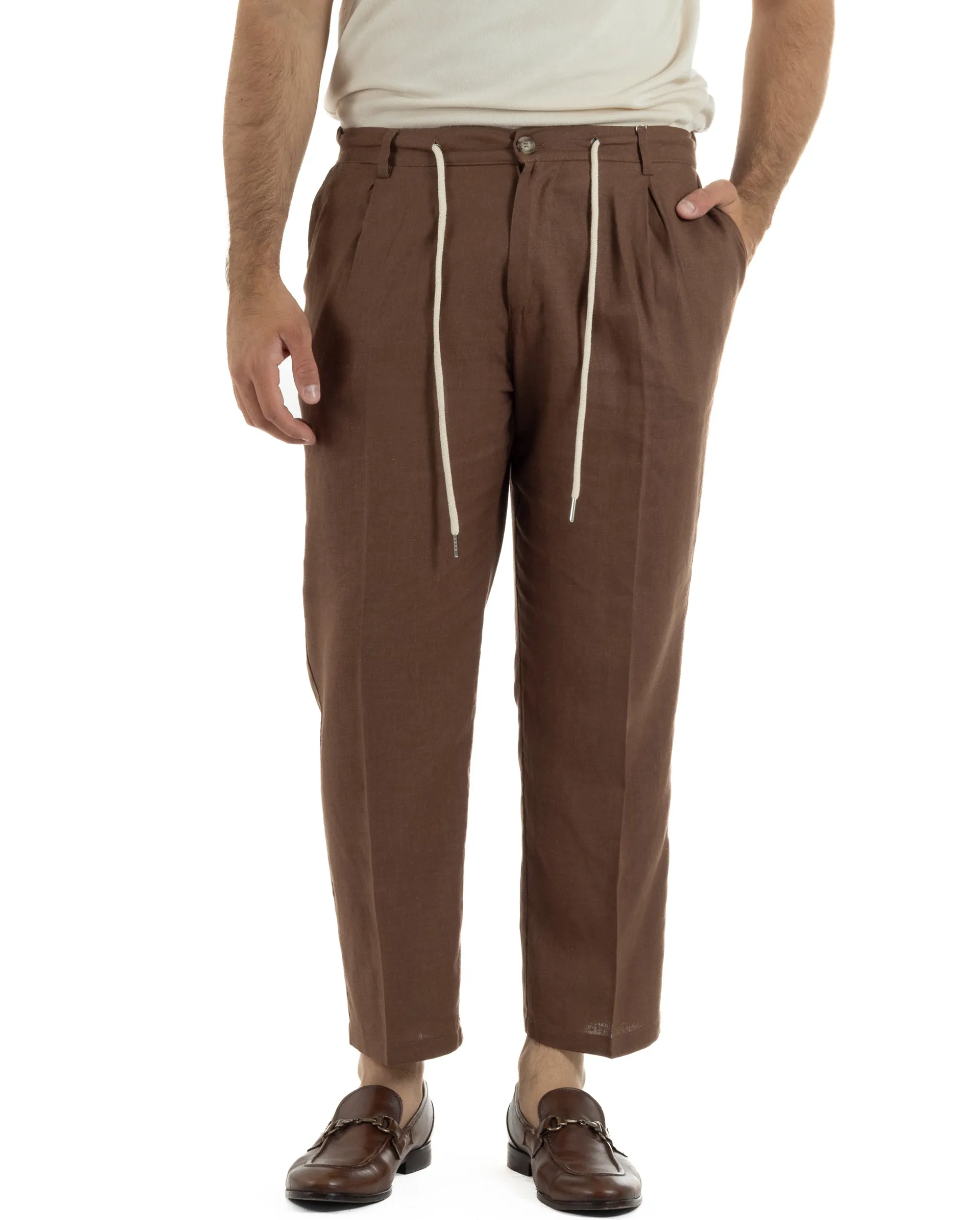 Pantaloni uomo lino tasche america elastico sul retro pinces laccio marrone GIOSAL-P6498A