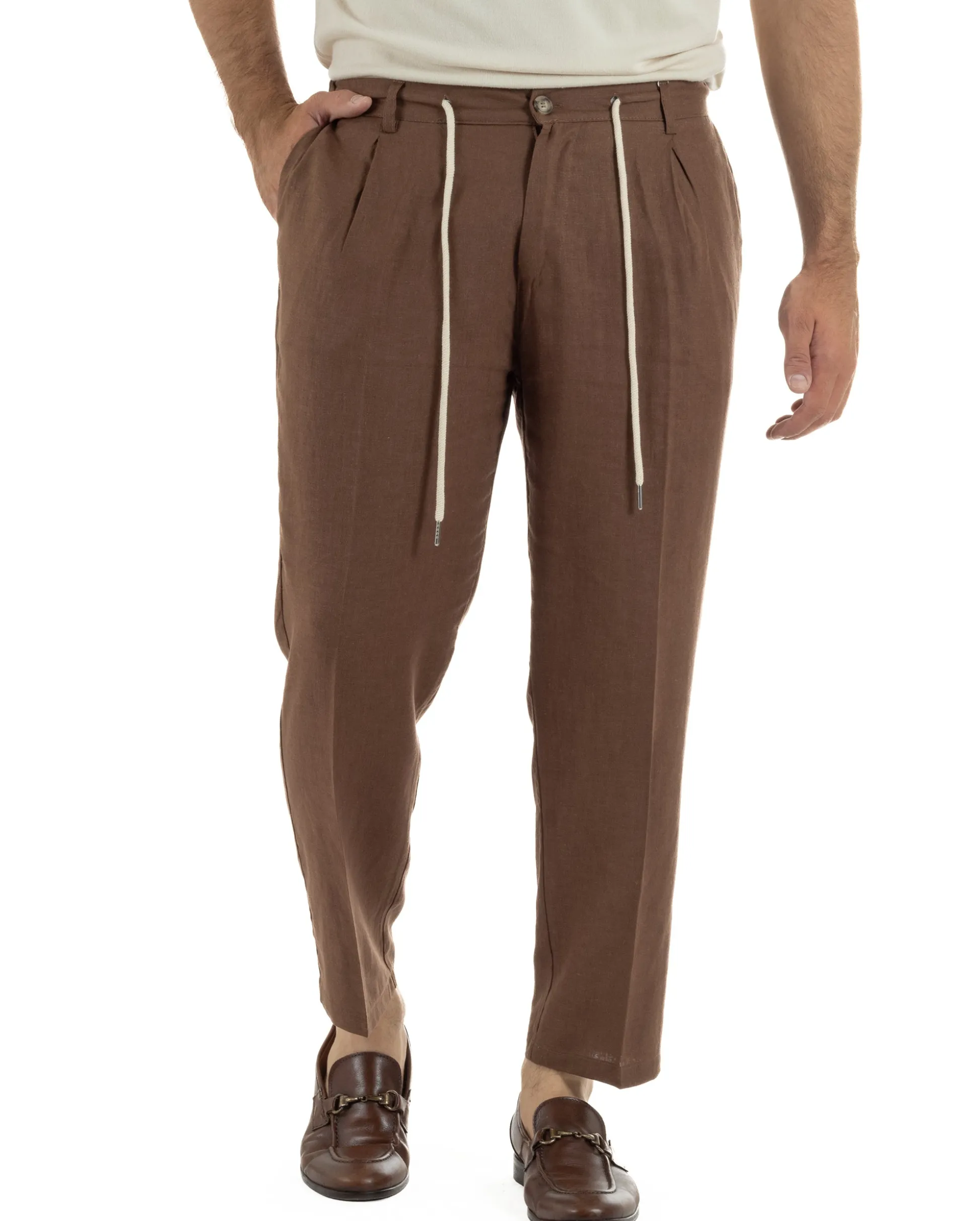 Pantaloni uomo lino tasche america elastico sul retro pinces laccio marrone GIOSAL-P6498A