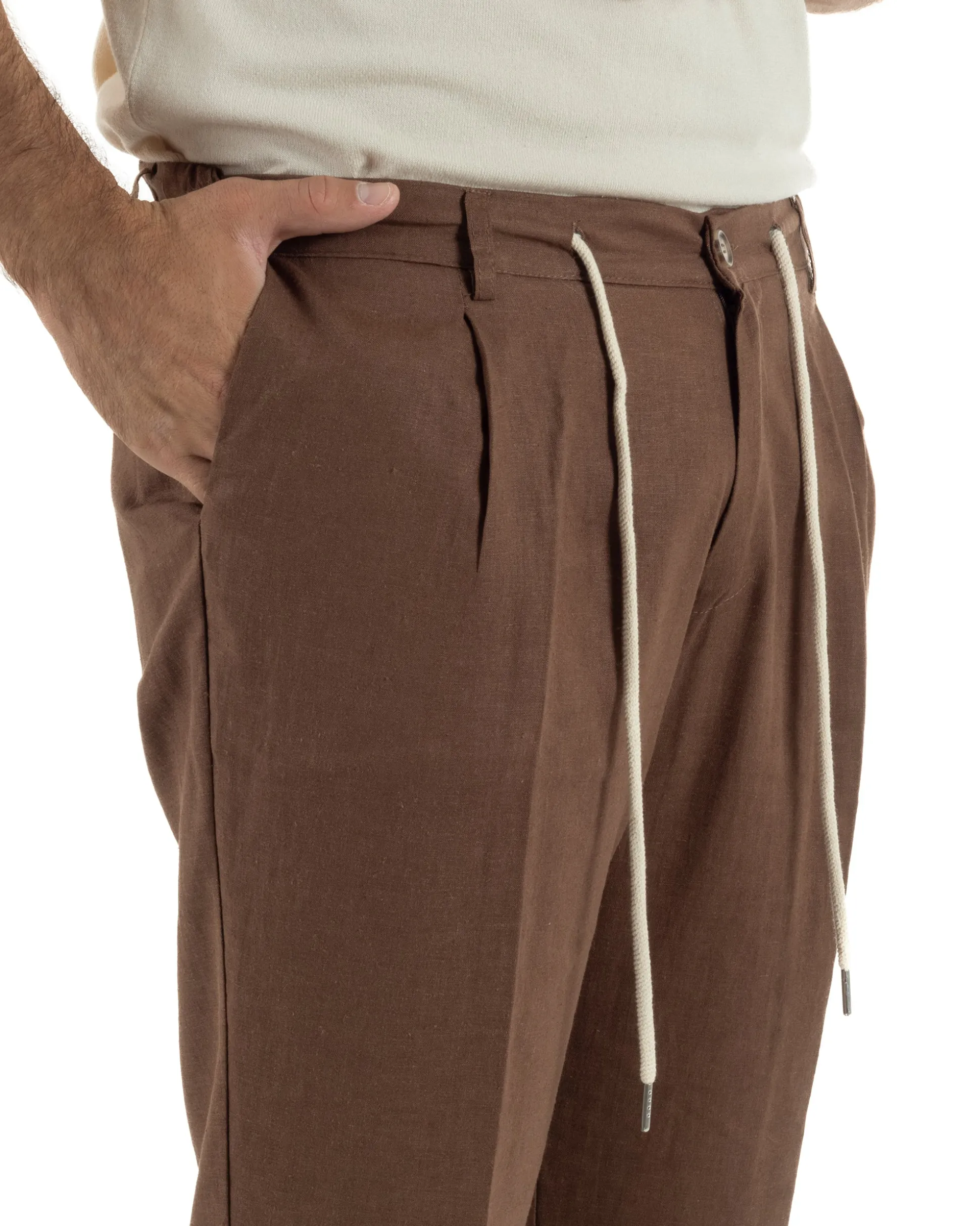 Pantaloni uomo lino tasche america elastico sul retro pinces laccio marrone GIOSAL-P6498A