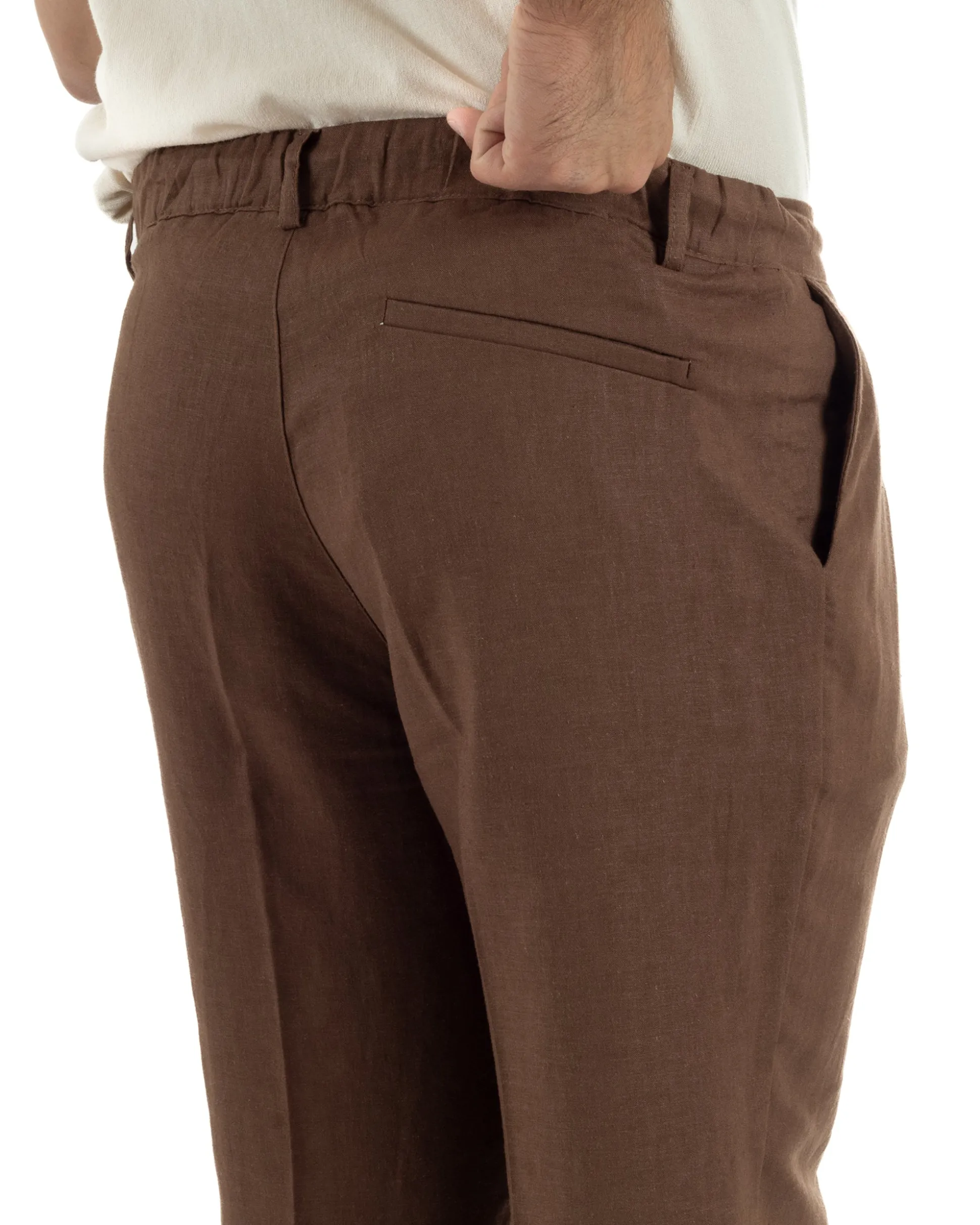 Pantaloni uomo lino tasche america elastico sul retro pinces laccio marrone GIOSAL-P6498A