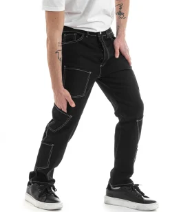 Pantaloni Uomo Lungo Cargo Jeans Nero Tasche Straight Fit GIOSAL-P5662A