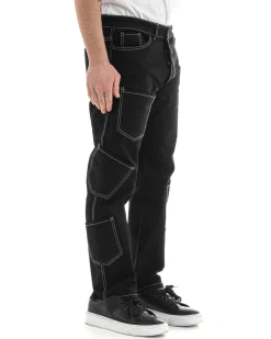 Pantaloni Uomo Lungo Cargo Jeans Nero Tasche Straight Fit GIOSAL-P5662A